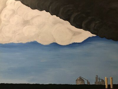Joy Blewetts painting, called Stewartville, MN, one of her nine works at the Rochester Art Center exhibition, was inspired by the stormy sky she saw on her commute from Rochester to Stewartville. One day I saw white cumulus clouds and dark storm clouds interweaving, she said.