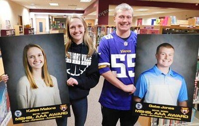 Kailee Malone, left, and Gabe Jones, seniors at Stewartville High School, have been named the SHS recipients of the Minnesota State High School Leagues AAA Award for excellence in academics, the arts and athletics for 2019-20. To qualify for the award, a student must earn a cumulative grade point average of 3.0 or higher on a 4.0 scale and participate in MSHSL-sponsored athletics and fine arts. Recipients must also abide by the MSHSL code of conduct.