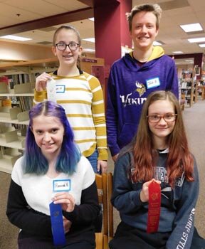 Winners of the Stewartville Middle School spelling bee include, front row, from left, Hannah Hammond, first place; and Ashley Goller, second. Back row, from left, Cami Hoth, third place; and Jack Buntrock, fourth.