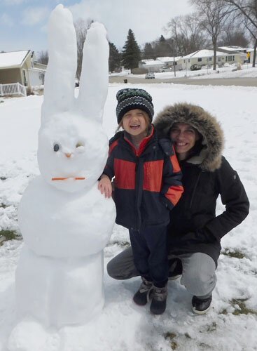 Krissy Sullivan of Stewartville and her son Maximus, 6, worked together on Monday, April 13, the day after Easter, to build an Easter snow bunny. Maximus did most of the work, Krissy said. “Mom had to help out a little bit,” she said.