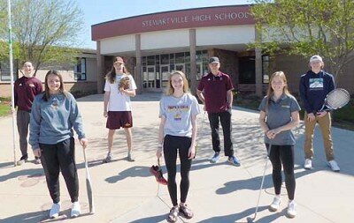 When Gov. Walz announced on April 23 that the coronavirus (COVID-19) pandemic would limit Minnesota’s schools to distance learning for the remainder of the 2019-20 school year, senior athletes in seven spring sports knew they would be deprived of their final season of competition. Seven of the athletes, abiding by social distancing guidelines, and their sports, include, front row, from left, Carlie Hildebrandt, softball; Kailee Malone, girls track; and Payton Maas, girls golf. Back row, from left, Trevon Schaefer, boys track (pole vault); Zane Stier, baseball; Nick Lechtenberg, boys golf; and David Wilson, boys tennis.