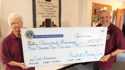 Char Weichmann, treasurer of the Stewartville Morning Lions Club, left, and Dave Hoot, the clubs president, display a $3,500 check representing the amount the club donated to local and area businesses. Were concerned about businesses in town, Hoot said.