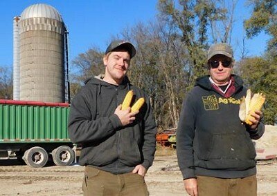 Dan Christie, left, and his dad, Dana, display a small sample of the 25 percent of their 630 acres of corn they’ve harvested, as of last week, on their 1,927-acre farm about 15 miles west of Stewartville. “This is probably one of the better years (for corn), if not the best,” Dana said. “We’re averaging over 200 bushels per acre.”