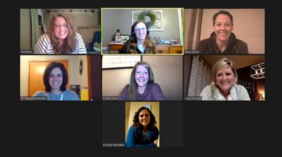 Seven of the eight individuals driving the Adopt-A-Tiger program held a Zoom meeting to discuss the progress of the program last week. Team members include, from left in the top row, Kimberly Sanford, Char Petrich and Stacy Dube; from left in the middle row, Natasha Moeller, Kristy Cook and Lisa Johnson; and in the bottom row, Kristina Ramaker. Also, Lacey Lucey, another member of the team, is not pictured. The Adopt-A-Tiger team has delivered “Hugs” candies and stress release packages, pictured at right, to Stewartville School District staff.