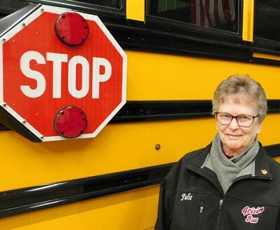Julie Jaeger, who has been driving a school bus since March of 1976, will retire from her bus driving duties on Tuesday, March 30. She said she enjoyed driving because she liked being around young students, and the bus schedule allowed her to be there for her own children as they were growing up.