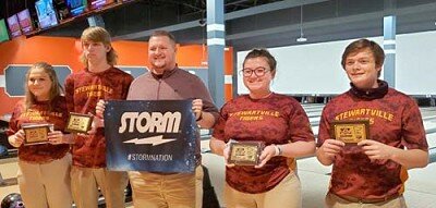 The Stewartville-Grand Meadow High School bowling team won the Minnesota High School Bowling Class A state varsity championship on Jan. 16. Tiger team members include, from left, Payton Rowley, Remington Bamlet, Coach Shane Uptagrafft, Maddie Kropp and Dawson Peterson.