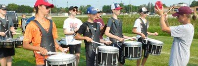 The Stewartville High School Marching Band went through its paces at Band Camp last week. Musicians include, the drumline, following director Jessica Honsey’s lead, includes, front row, from left, Thomas Lennon, Garret Norton, Nicholas Rusciano and Jason Shindelar. In back, from left, are Jon Lovstuen, Finn Graham and Conner Lohmann.