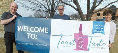 The Stewartville Area Community Foundation (SACF) will host its third Toast and Taste event at the Rochester Event Center this Friday, March 25 from 6 p.m. to 10 p.m. All proceeds will be donated to the Stewartville VFW Veterans Memorial Park being built near the south entrance to Stewartville, and to the Stewartville Skate Park to be built at the site of two former tennis courts at Meadow Park. Holding the banner, from left, are SACF Board members Robert Hruska, Al Chihak, the chair of this year�s Toast and Taste, and Lisa Lonien.